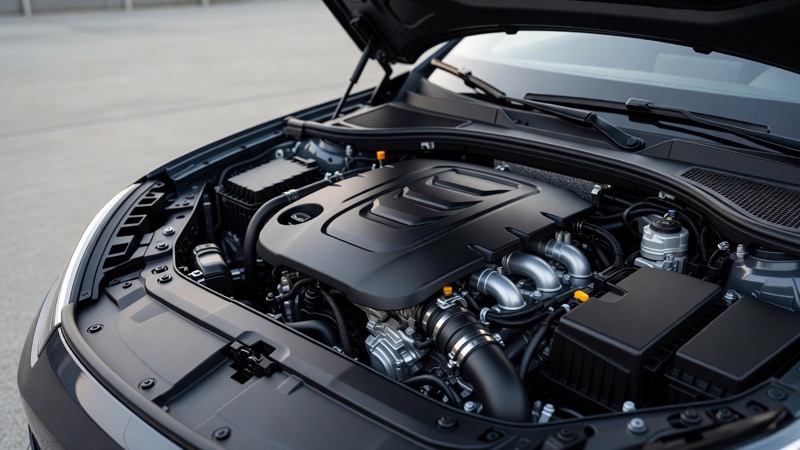 An open car bonnet showing a clean modern engine bay