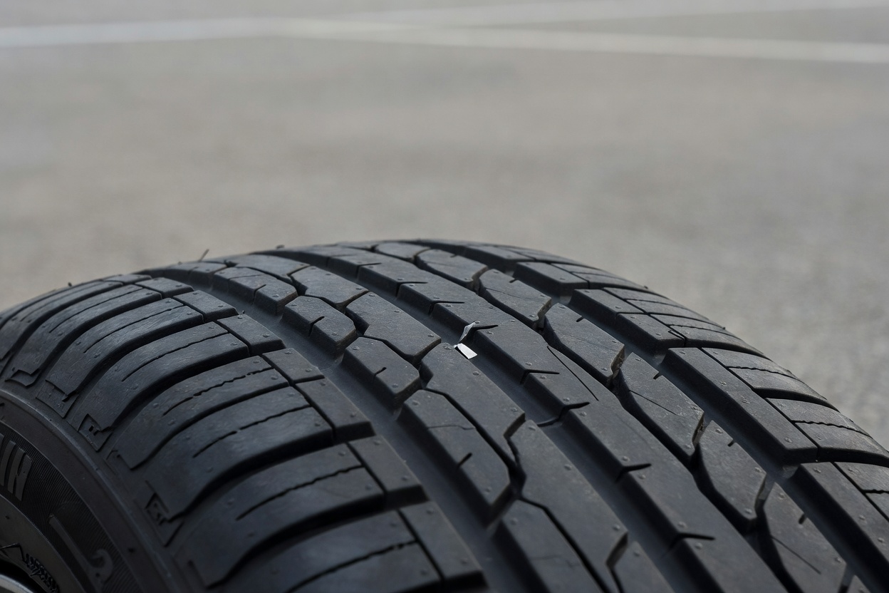 A car tyre on tarmac with a small object embedded in the tread