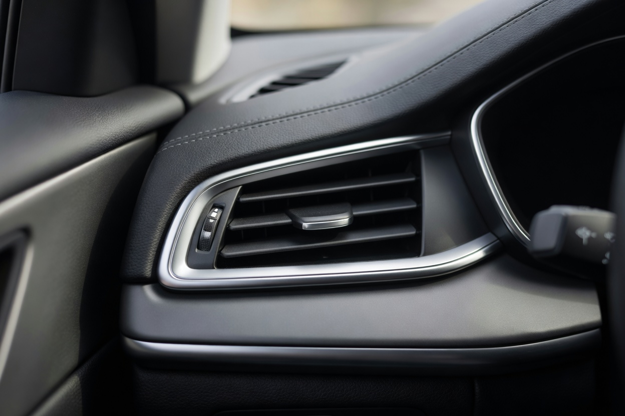 A car dashboard air vent seen close up in daylight