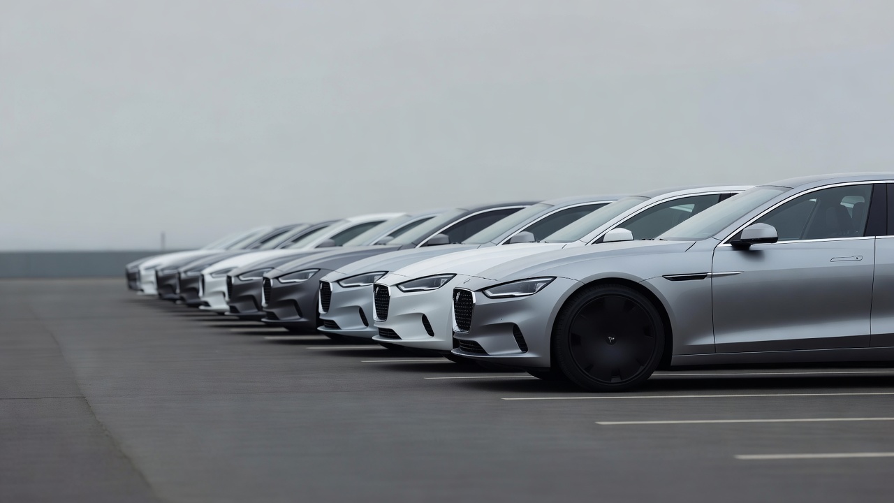 A row of parked cars seen receding into the distance