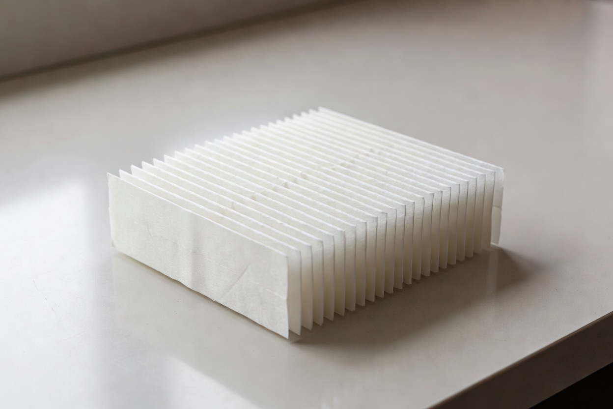 A new pleated air filter resting on a clean workshop surface