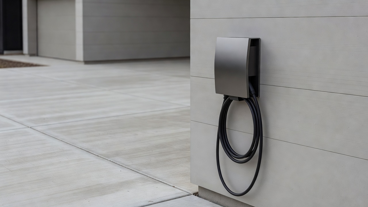 A wall-mounted home charging unit beside a driveway