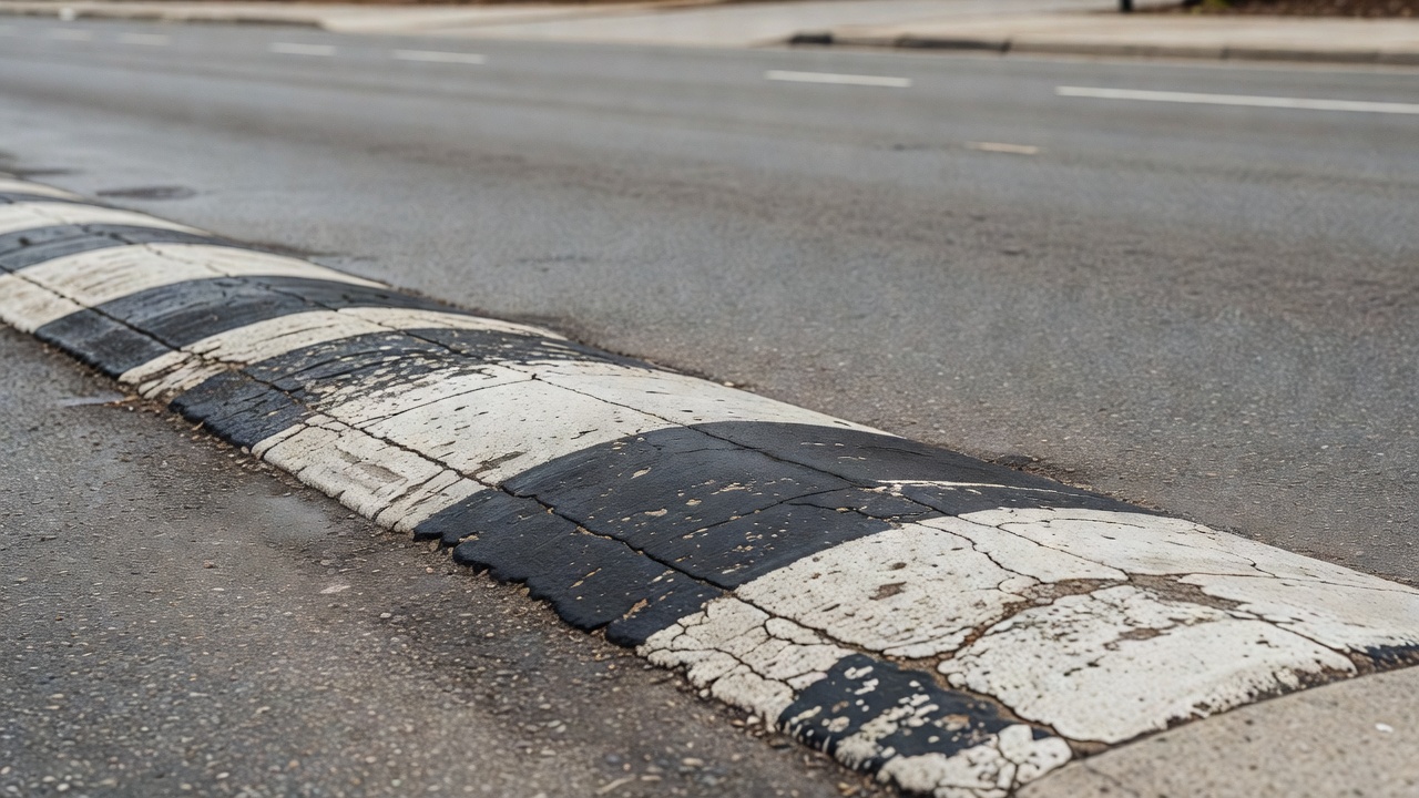 A road surface with a speed bump seen from low down