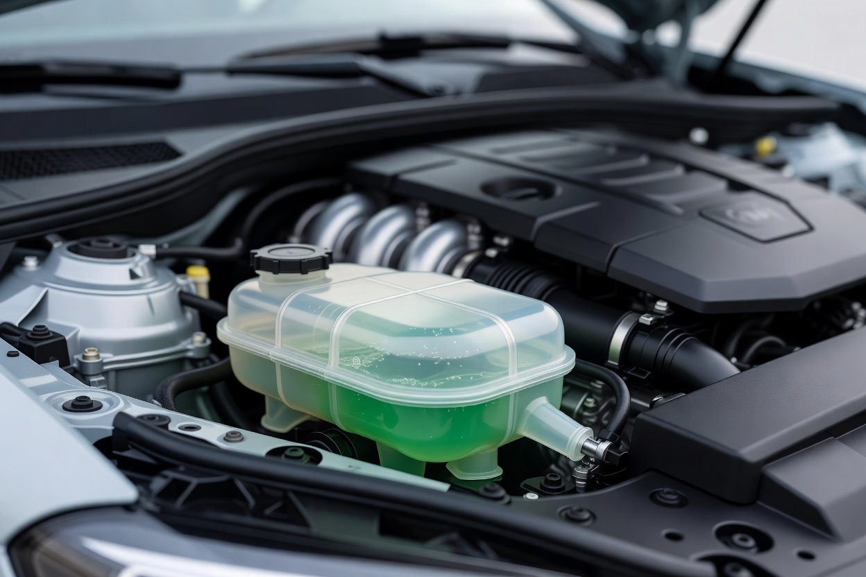 A coolant expansion tank in a car engine bay
