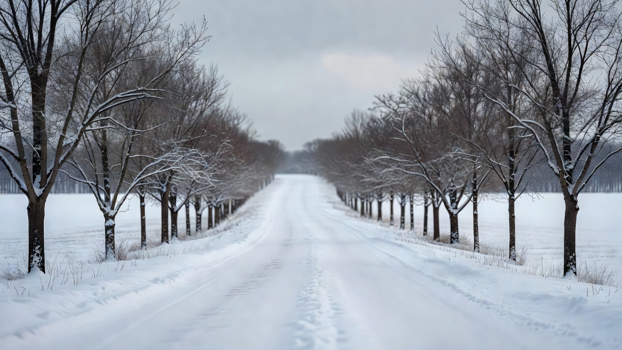 A snow-covered road curving away between bare trees