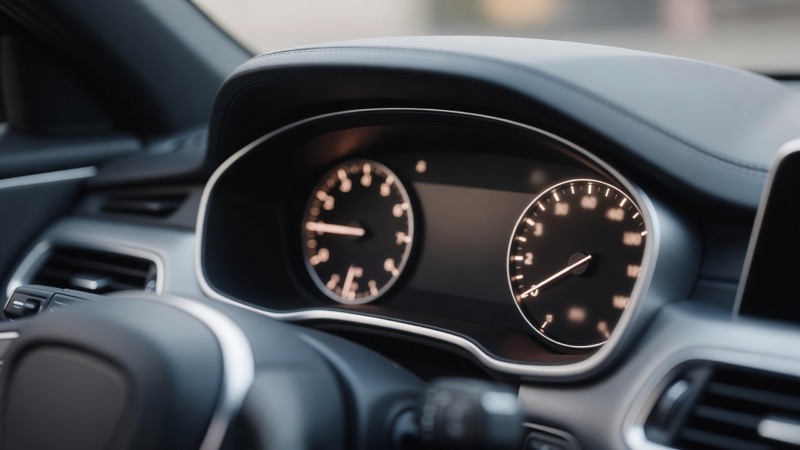 A car dashboard seen from the driver's seat with the instrument cluster illuminated