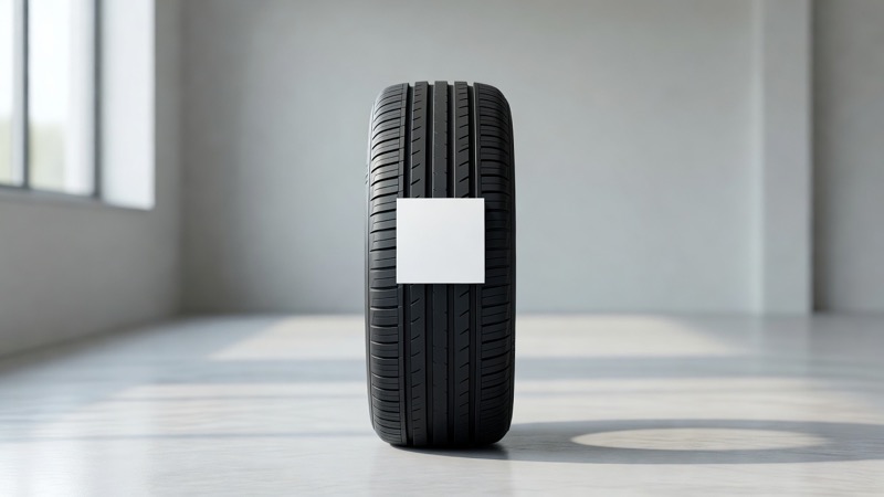A new tyre standing on a clean floor with its label sticker visible on the tread