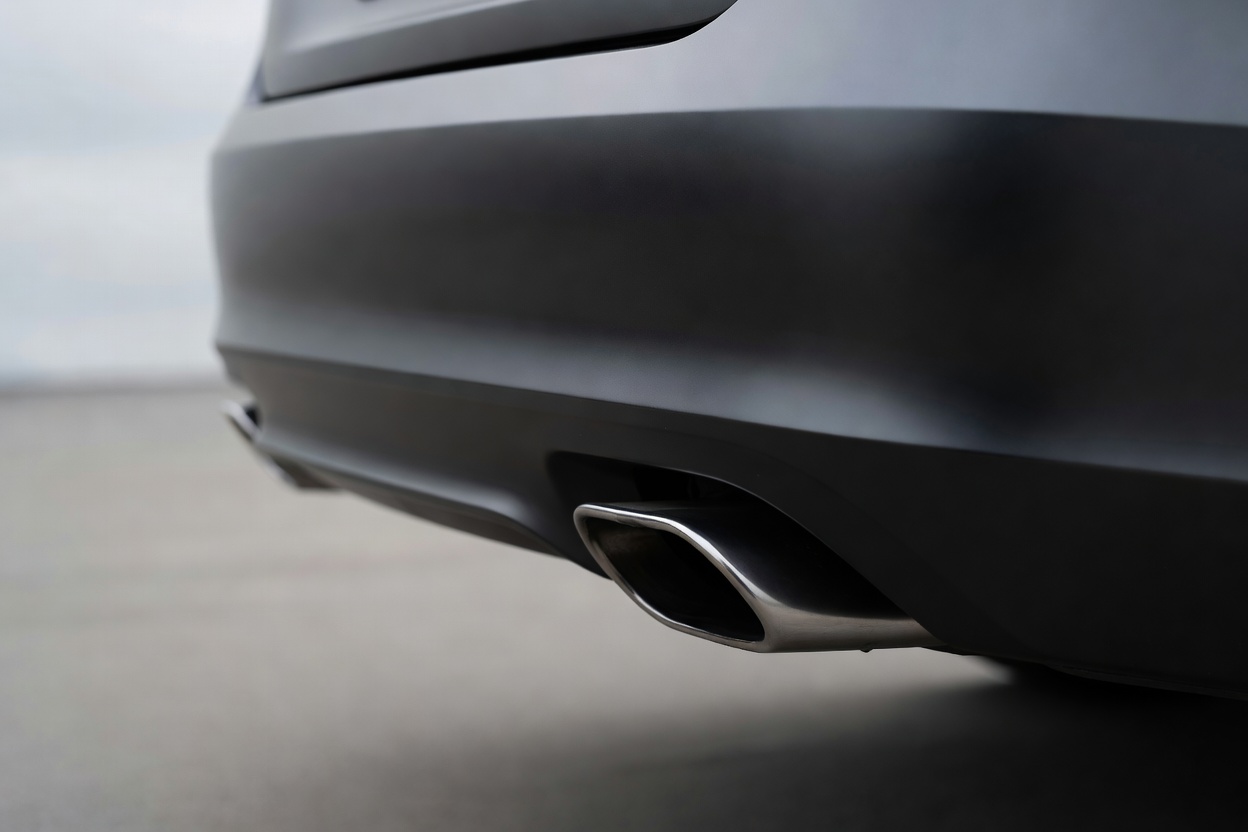 The rear exhaust tailpipe of a car seen close up