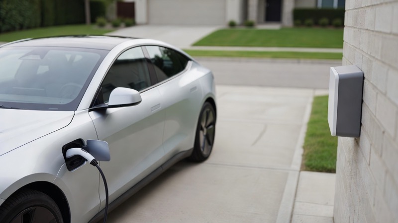 An electric car parked beside a home charging point