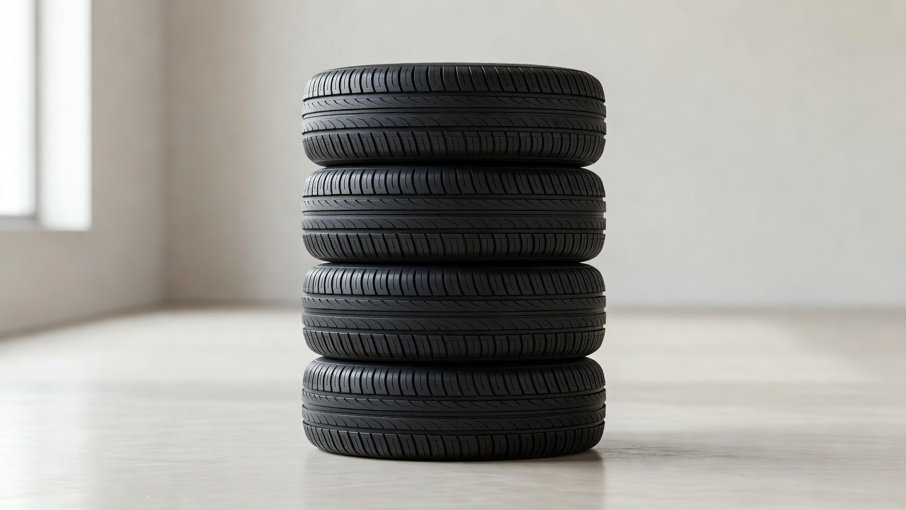 Four car tyres stacked neatly on a clean workshop floor