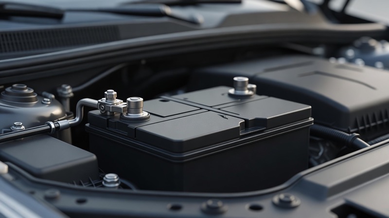 A car battery sitting in an engine bay with its terminals visible