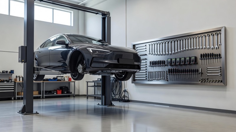 A clean workshop bay with a car raised on a two post lift