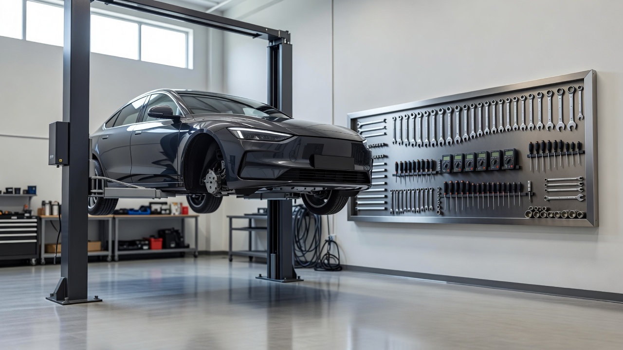 A clean workshop bay with a car raised on a two post lift