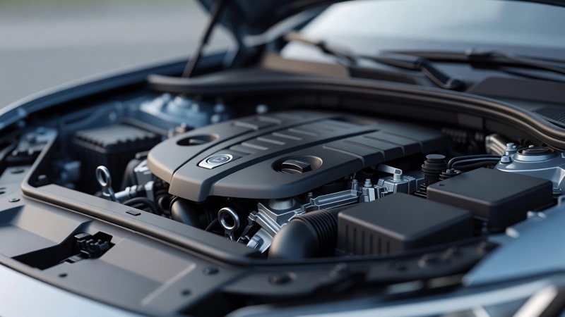 An engine bay with the oil filler cap and dipstick visible