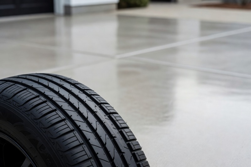 Close view of a car tyre tread on a driveway, grooves clearly visible