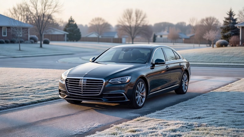 A car parked on a driveway on a frosty morning with light frost on the ground