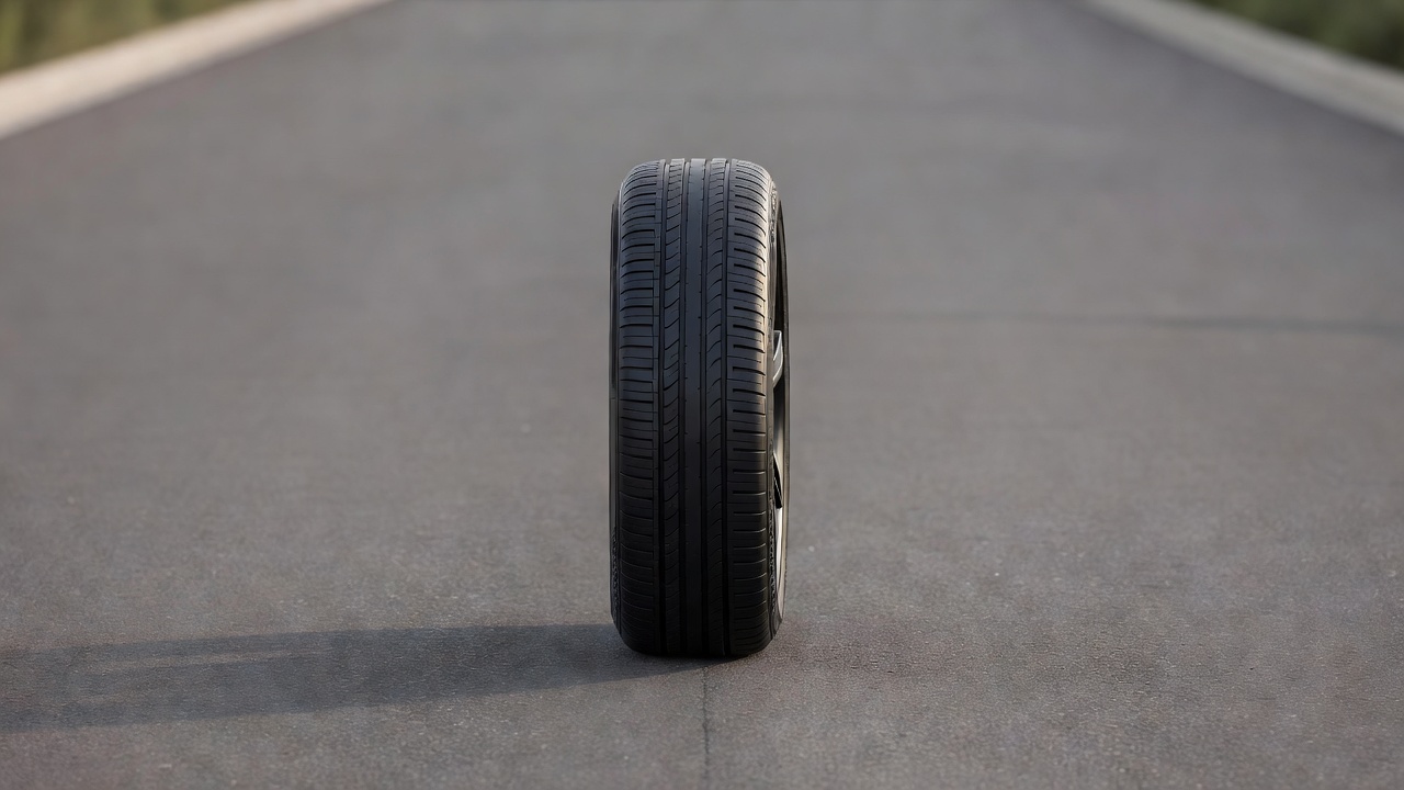 A car wheel and tyre photographed close up on a quiet road surface