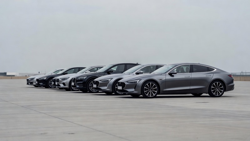Several cars parked in a row on a clean forecourt in daylight