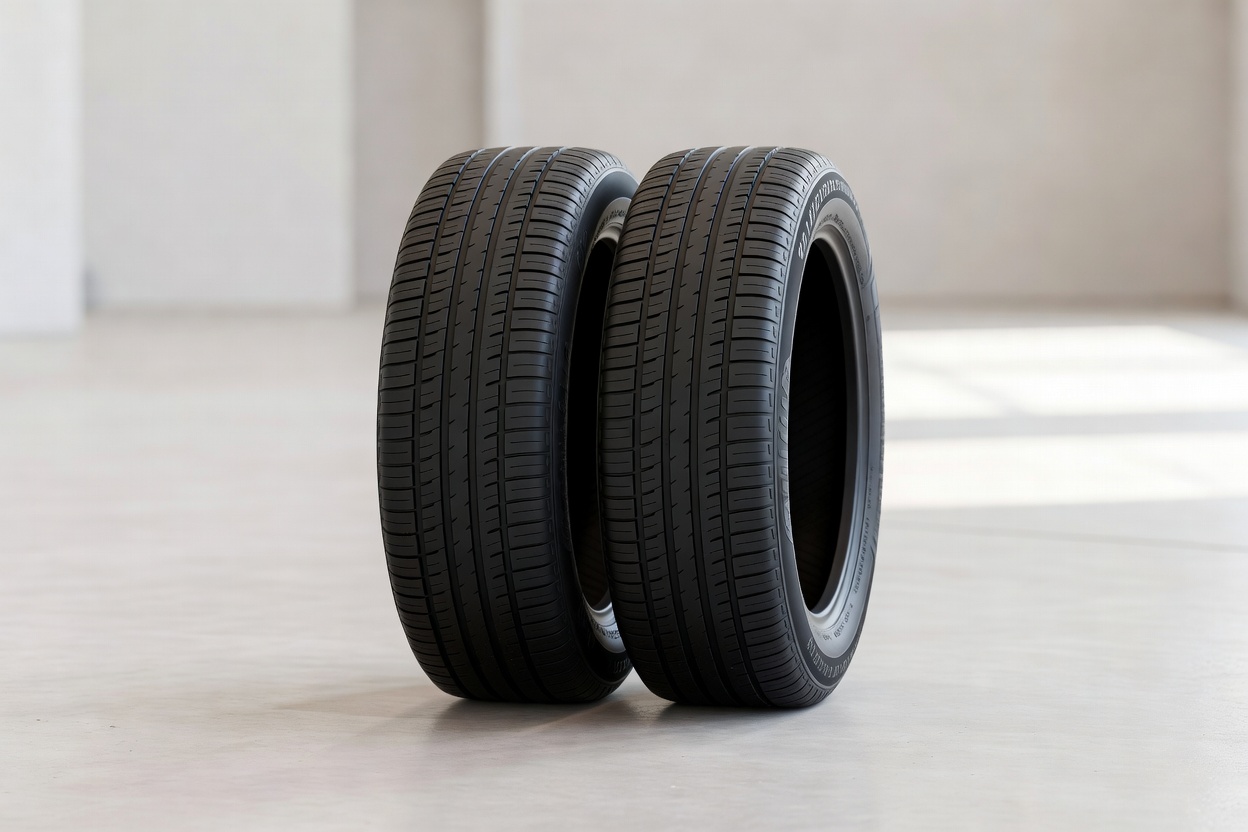 Two new car tyres standing side by side on a clean workshop floor