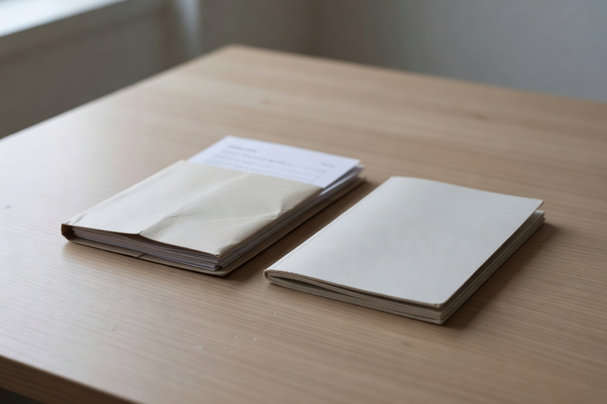 A service book and folder of invoices on a plain table