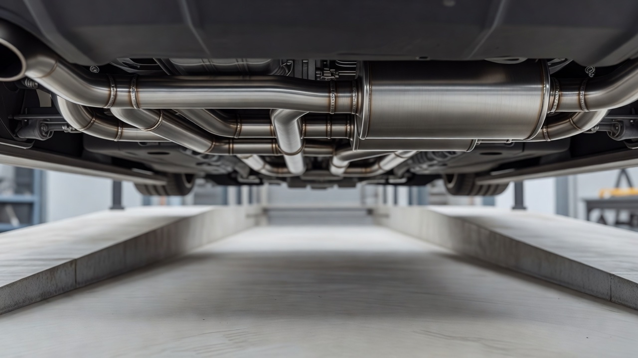 The underside exhaust system of a car seen on a workshop ramp