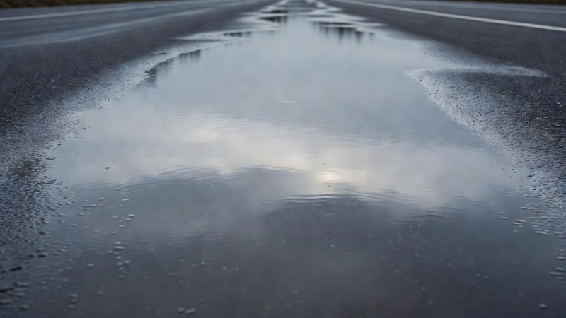A wet road surface with standing water reflecting an overcast sky