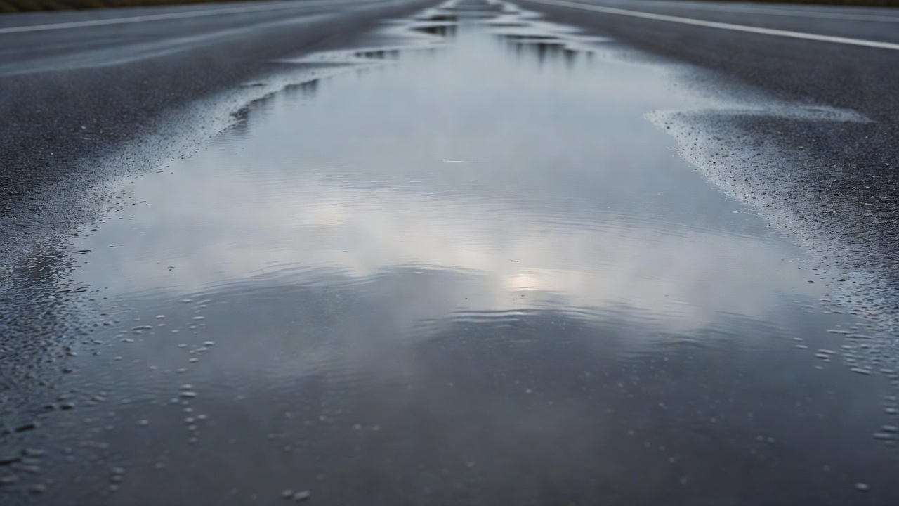 A wet road surface with standing water reflecting an overcast sky