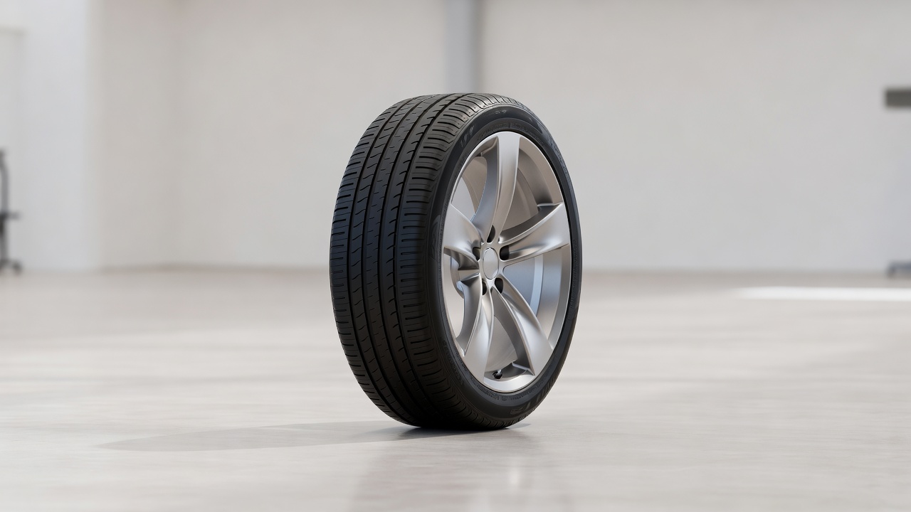 An alloy wheel and tyre standing on a clean workshop floor