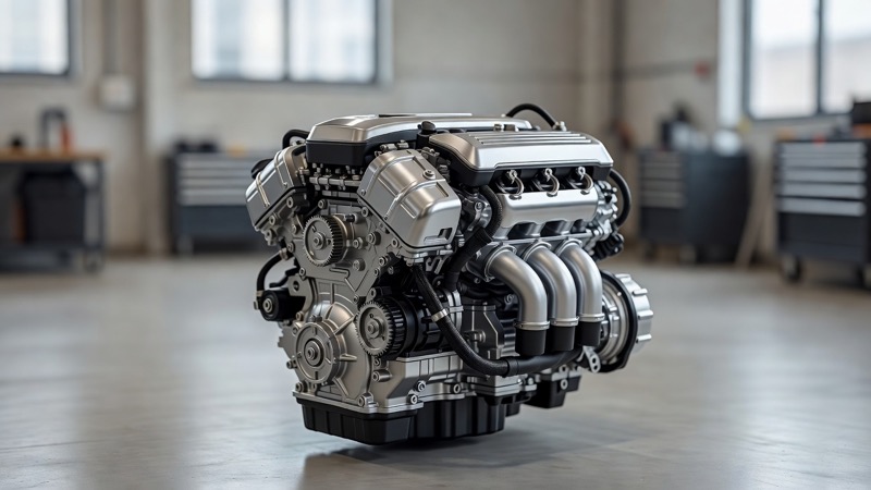 An engine seen from the side with its front cover in view