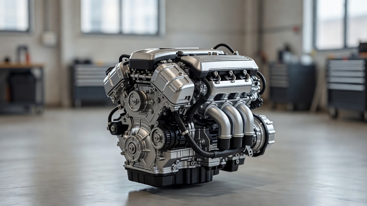 An engine seen from the side with its front cover in view