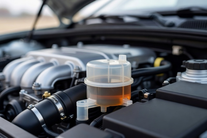 A brake fluid reservoir under a car bonnet