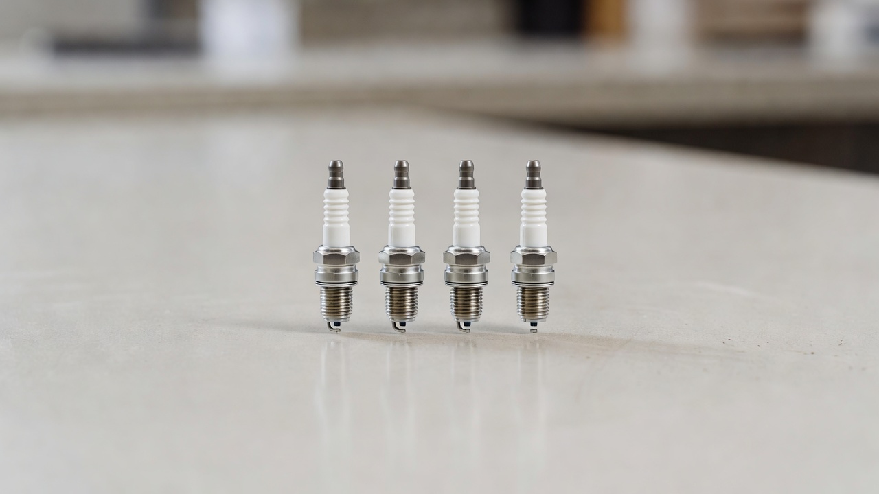 A set of new spark plugs laid out on a clean workshop surface