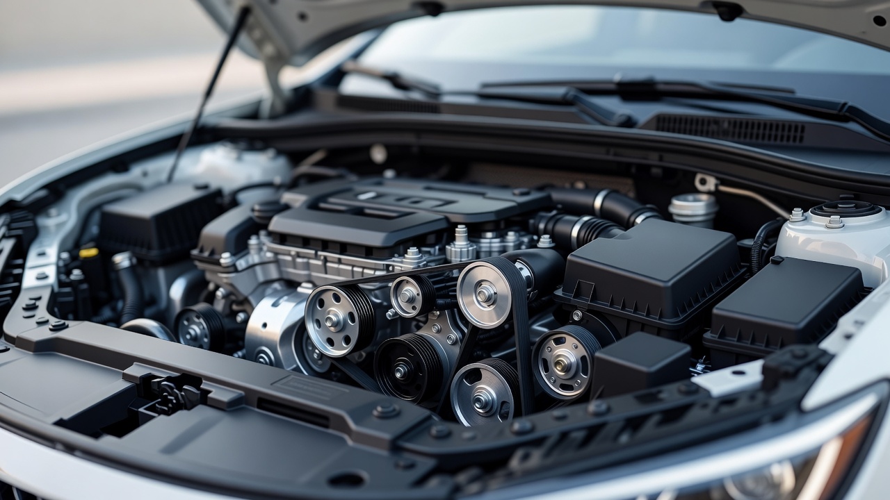An engine bay with the auxiliary belt and pulleys visible