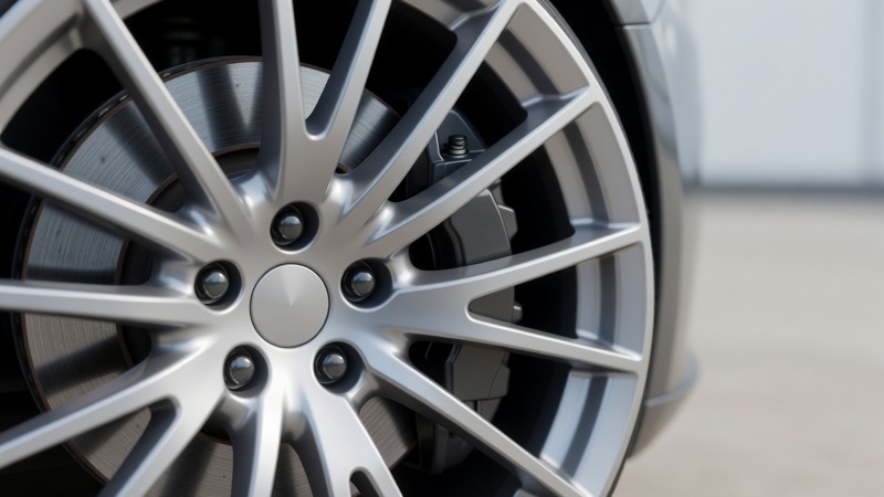 A brake disc and caliper visible through the spokes of an alloy wheel