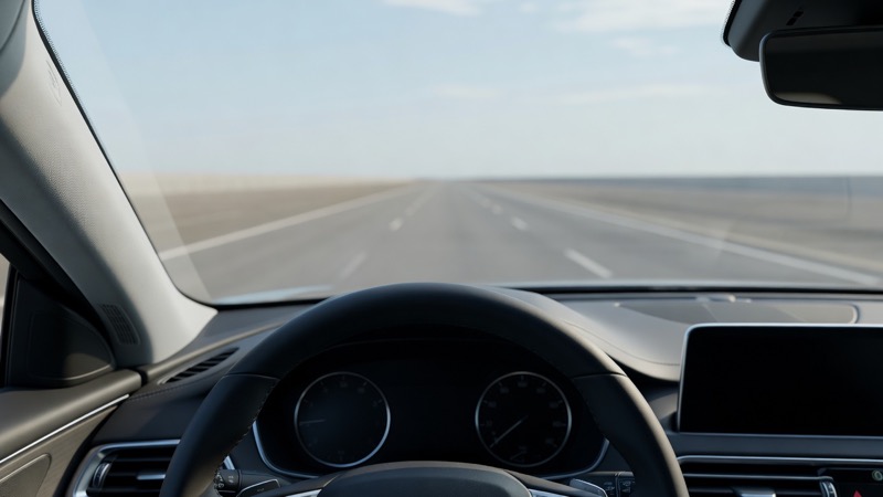 A steering wheel and dashboard of a modern car seen from the driver's seat, parked, empty road ahead